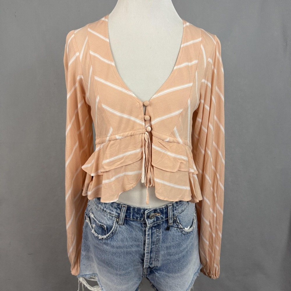 Freeโ People Blouse Women Extra Small Peach Striped Peplum V-Neck Ruffle Hem Top